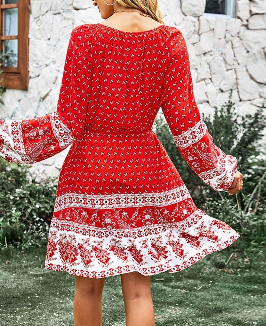Vestido bohemio con cintura con lazo y borlas 