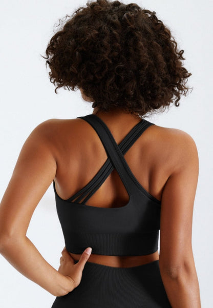 Slit Strap Double Crossover Racerback Sports Bra