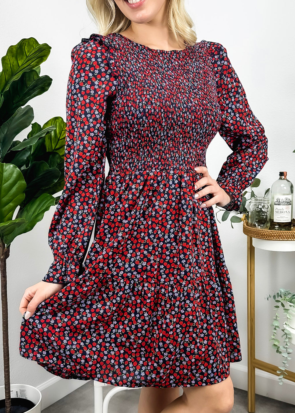 Vestido floral de manga larga con frunces en el pecho 