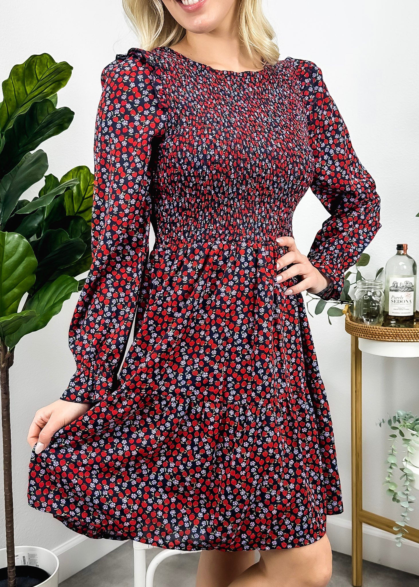 Vestido floral de manga larga con frunces en el pecho 