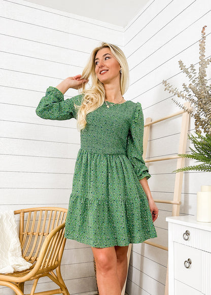 Smocked Chest Long Sleeve Floral Dress