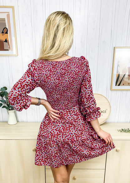 Smocked Chest Long Sleeve Floral Dress