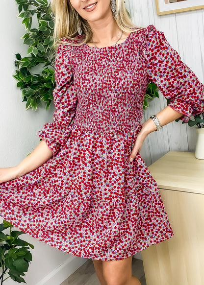 Smocked Chest Long Sleeve Floral Dress