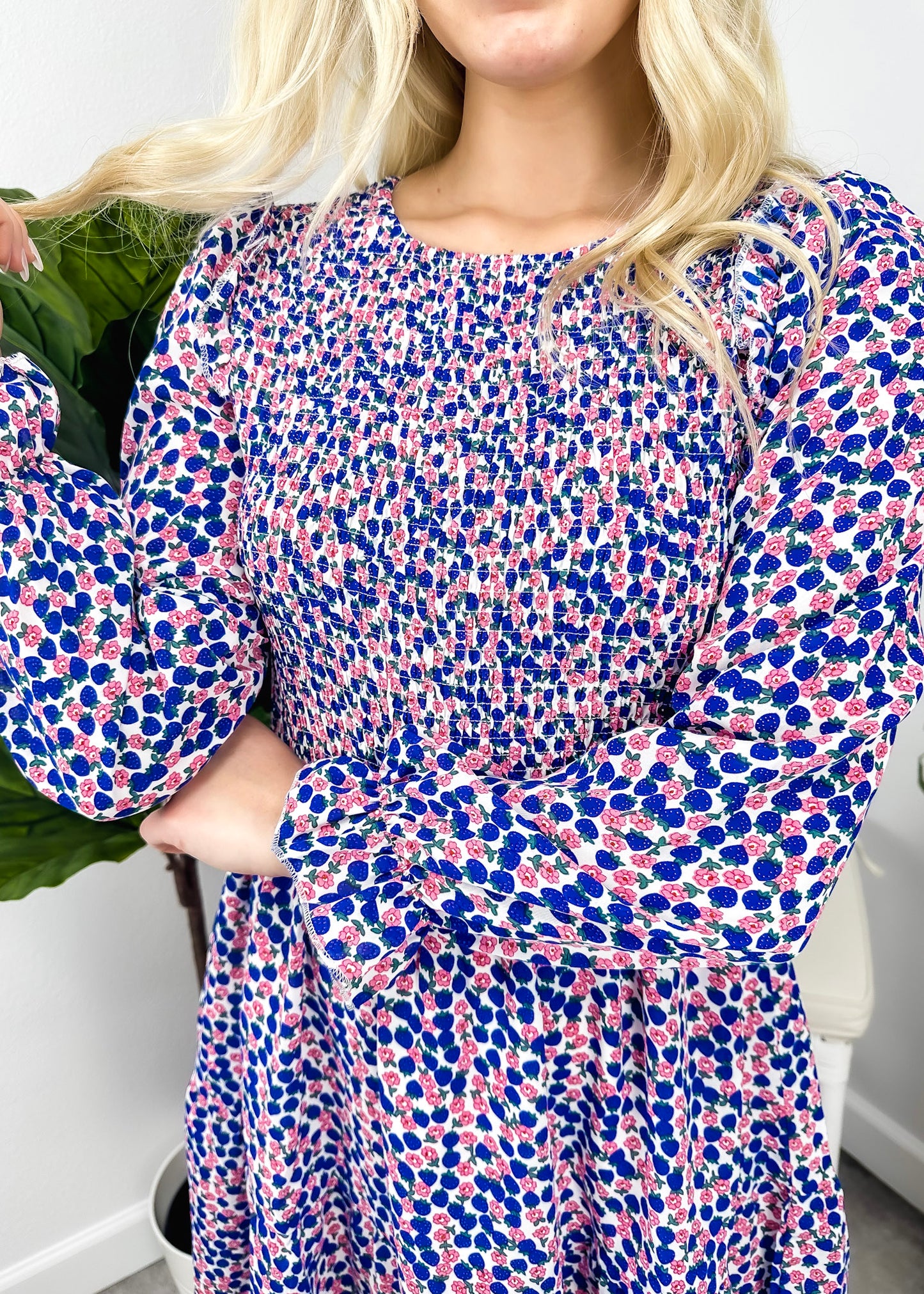 Smocked Chest Long Sleeve Floral Dress