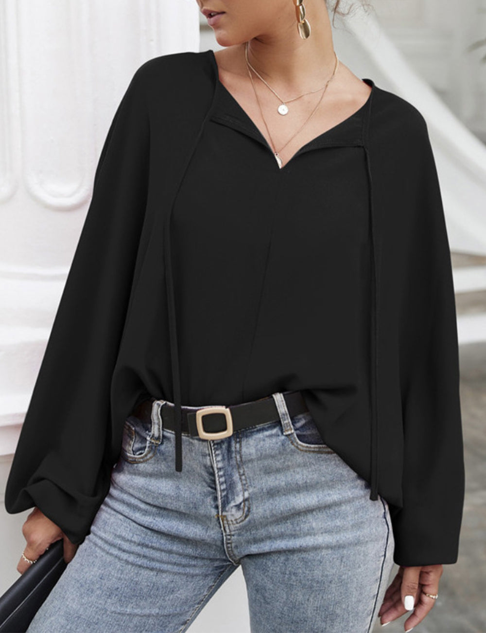 Tie Neck Dolman Sleeve Blouse