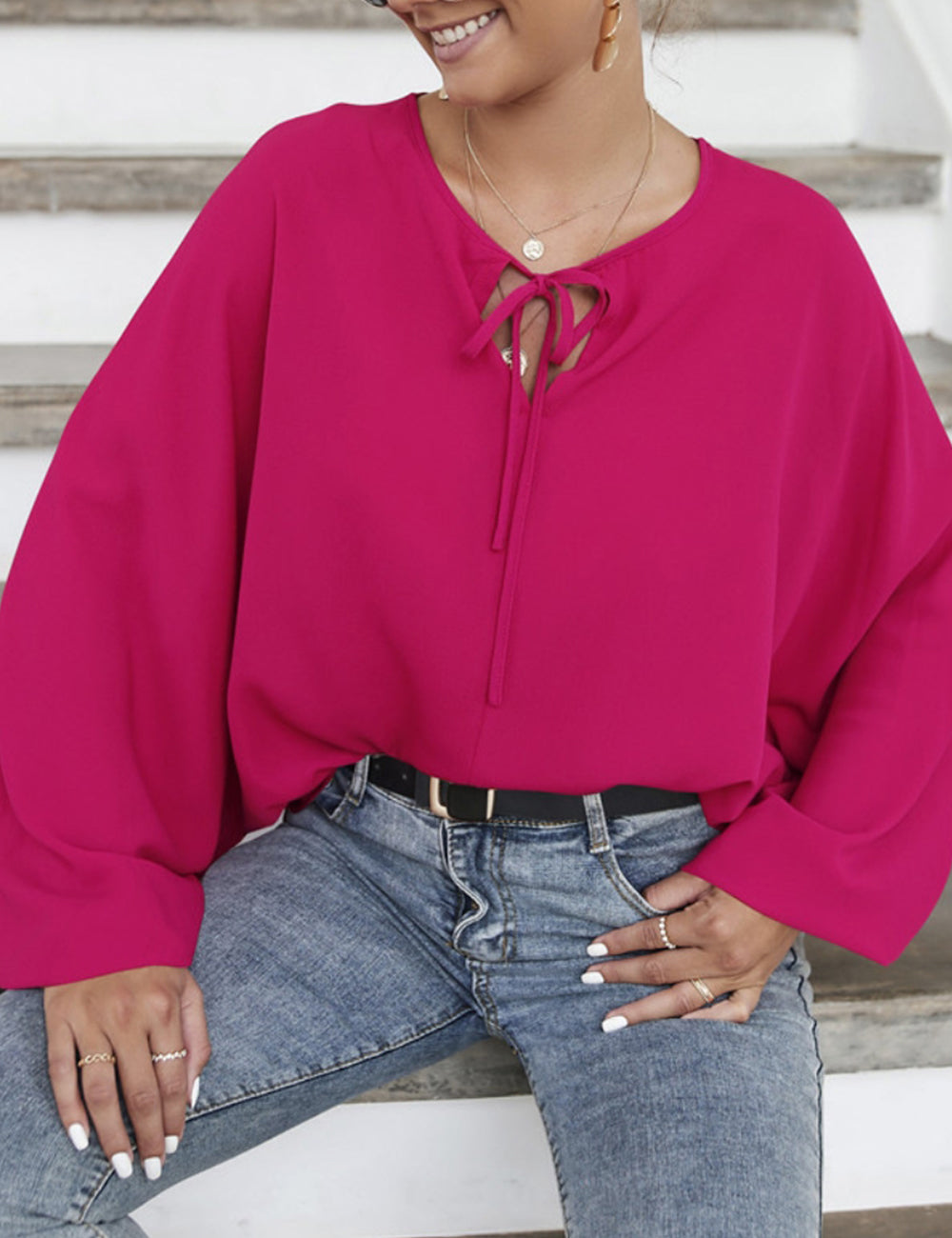 Tie Neck Dolman Sleeve Blouse