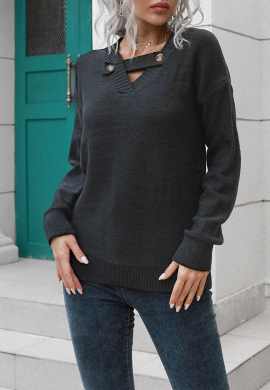 Button Detail V Neck Sweater