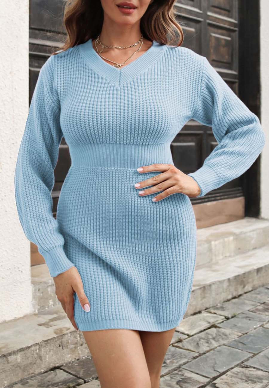V Neck Cinched Waist Bodycon Knit Sweater Dress Above Knee Length Anna-Kaci V Neck Cinched Waist Bodycon Knit Sweater Dress Above Knee Length Anna-Kaci