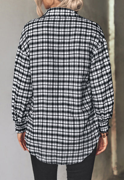 Checkered Print Shirred Cuff Blouse