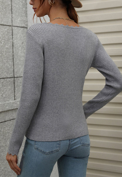 Scallop Detail Ribbed Knit Sweater
