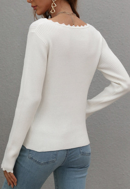 Scallop Detail Ribbed Knit Sweater