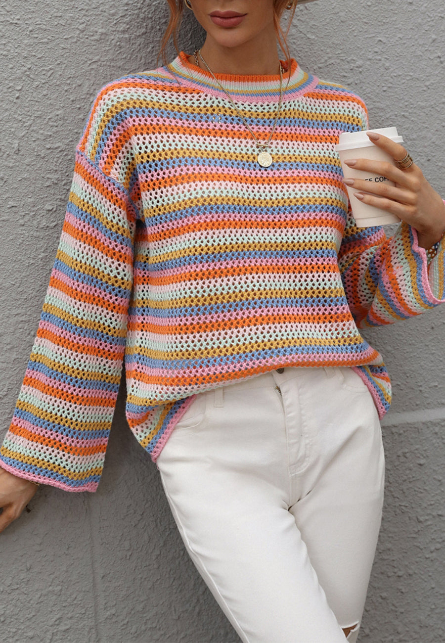 Suéter tejido a crochet con rayas de colores 