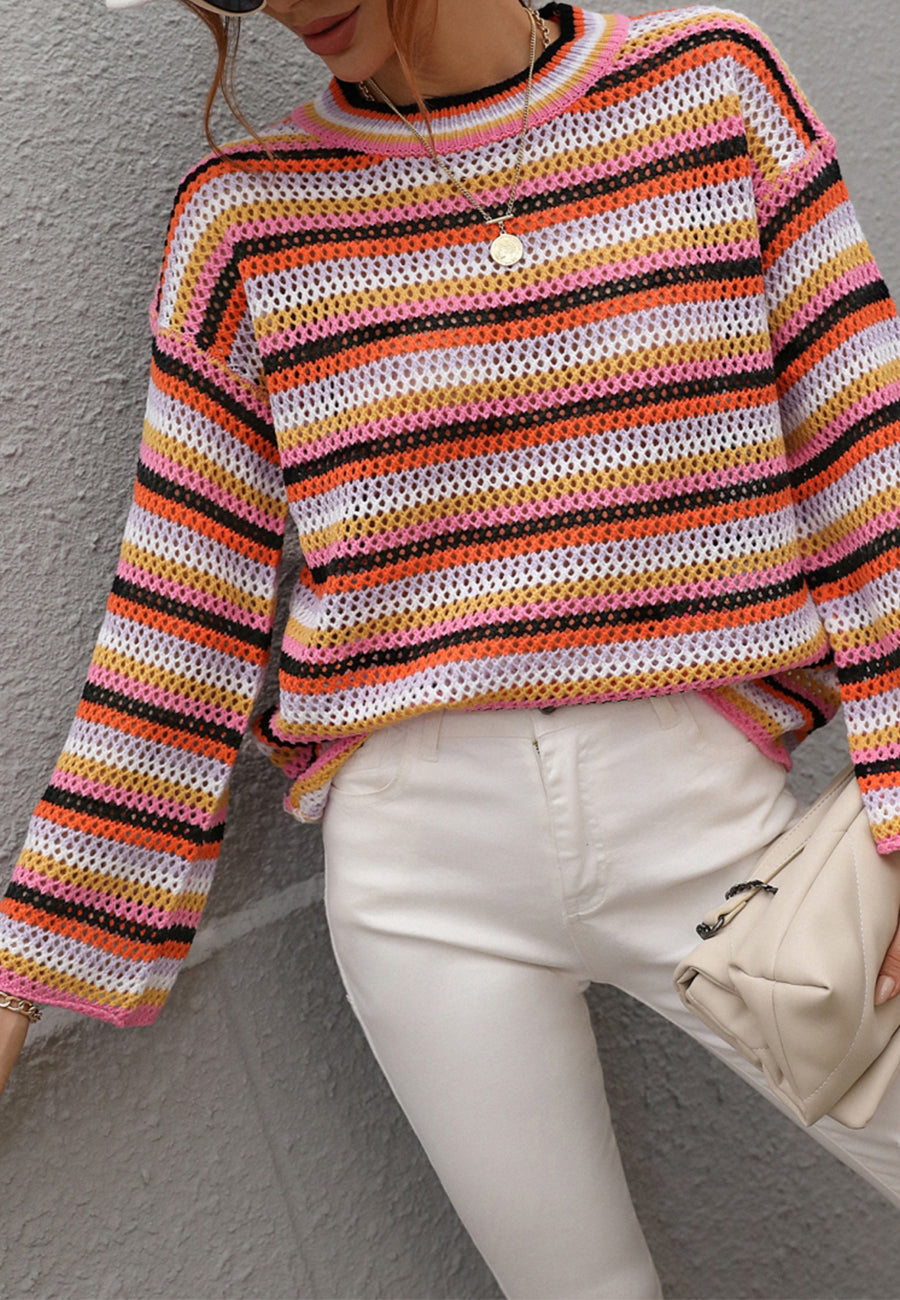 Suéter tejido a crochet con rayas de colores 