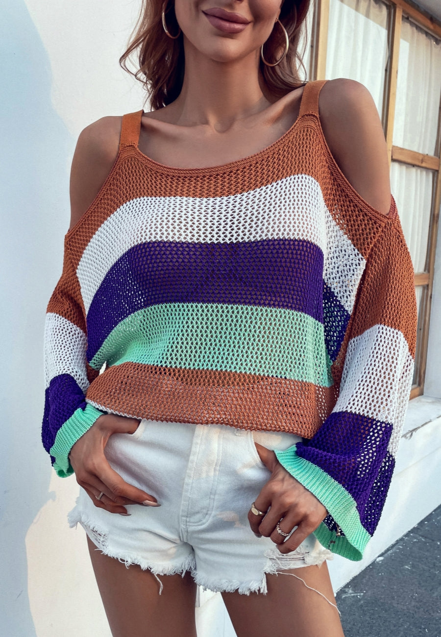 Multicolor Striped Cold Shoulder Sweater