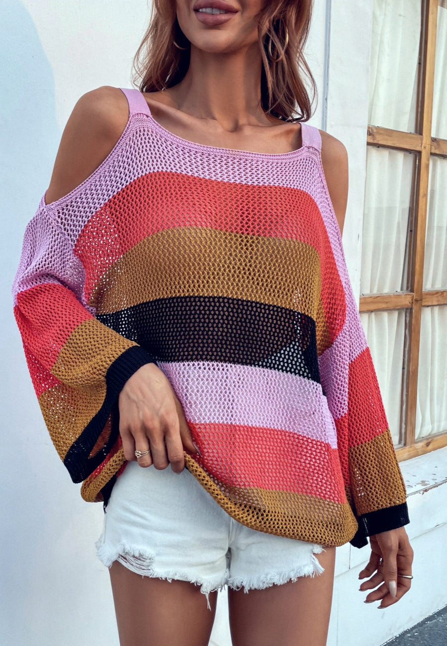 Multicolor Striped Cold Shoulder Sweater