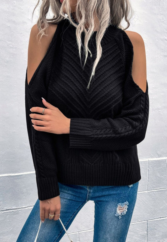 Chevron Knit Shoulder Cutout Sweater