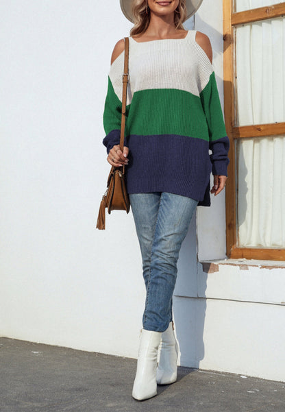 Cold Shoulder Striped Pattern Sweater