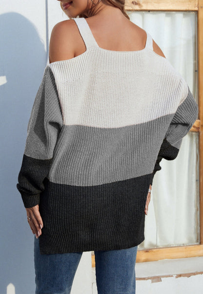 Cold Shoulder Striped Pattern Sweater