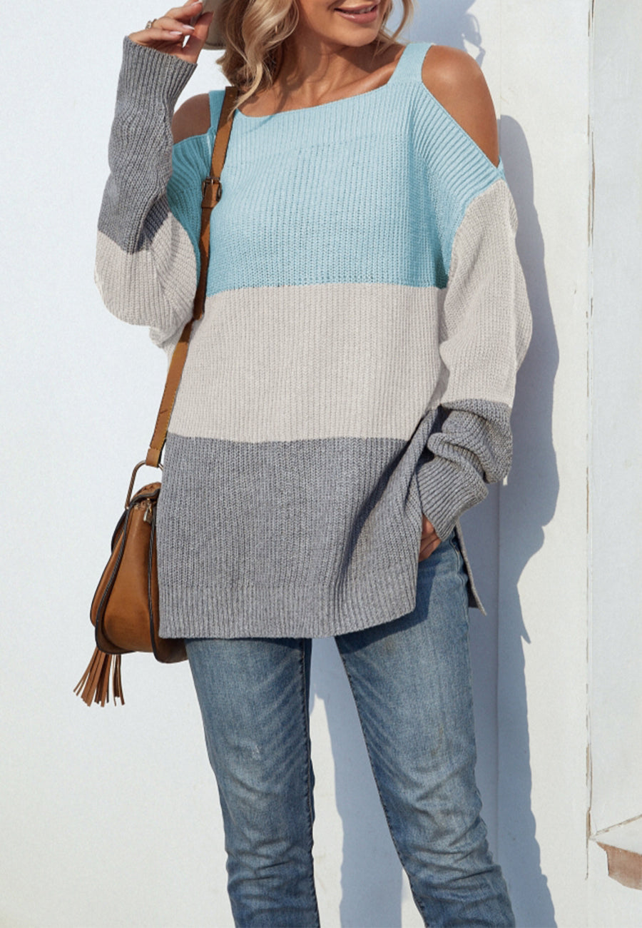 Cold Shoulder Striped Pattern Sweater