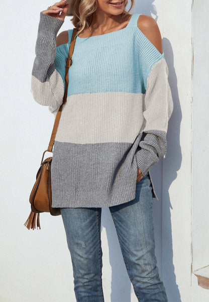 Cold Shoulder Striped Pattern Sweater