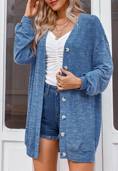 Space Dye Knit Button Down Drop Shoulder Long Cardigan for