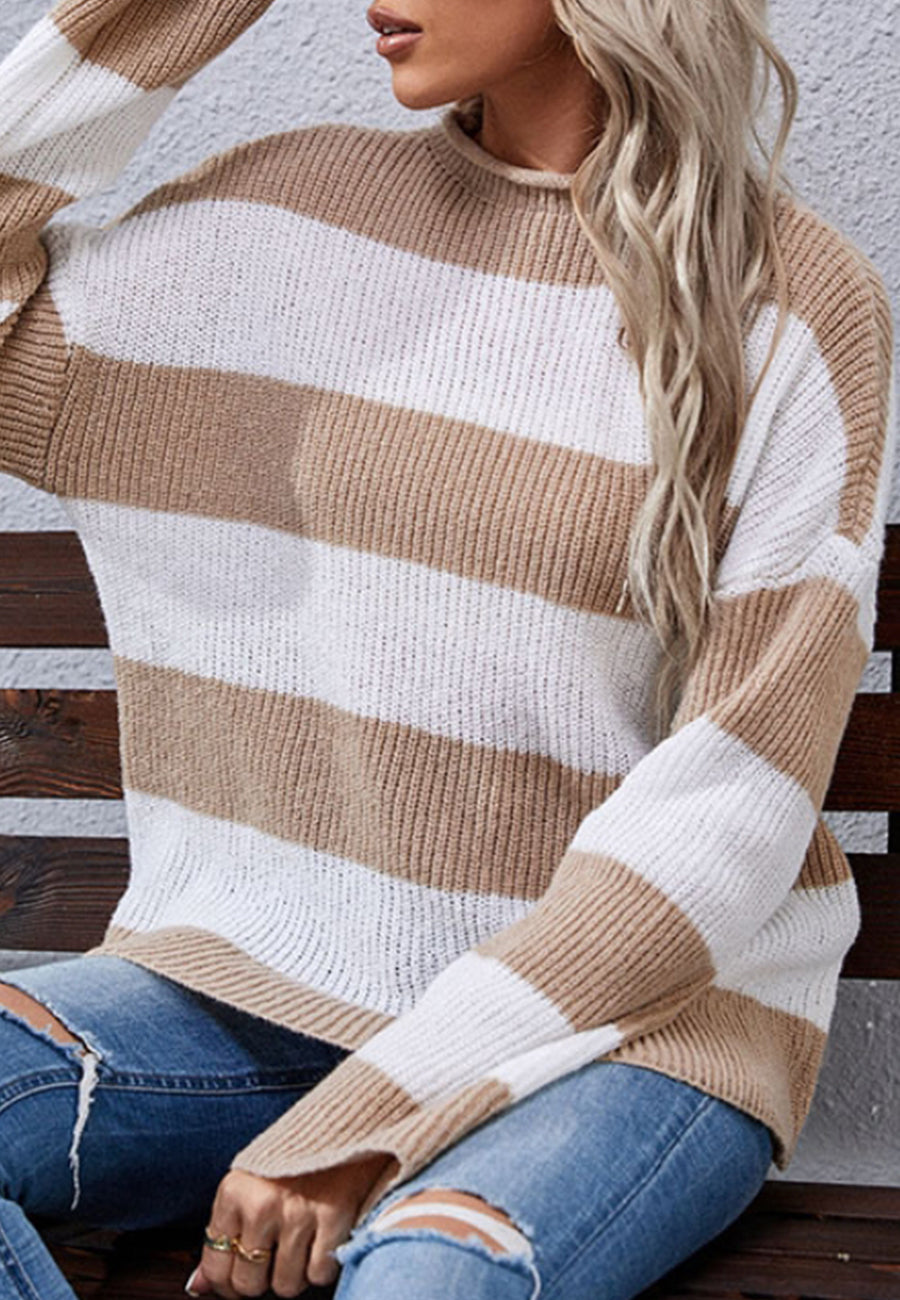 High Neck Textured Striped Sweater