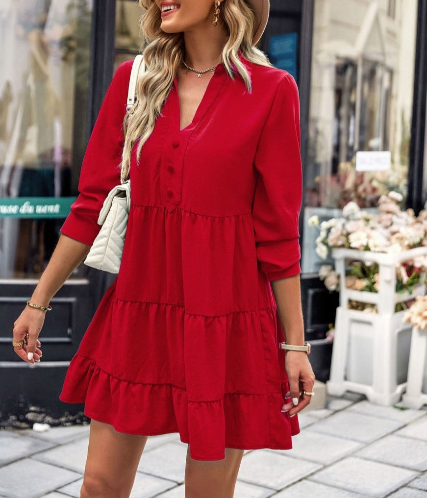 Collared V Neck Tiered Dress