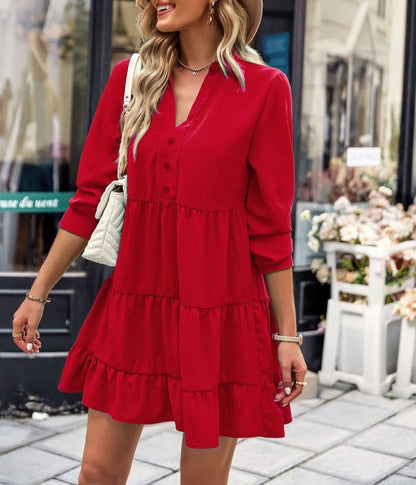 Collared V Neck Tiered Dress