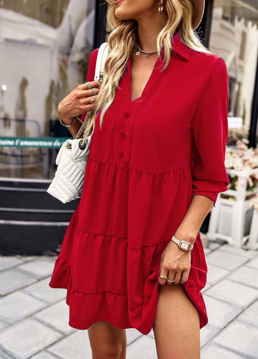 Collared V Neck Tiered Dress