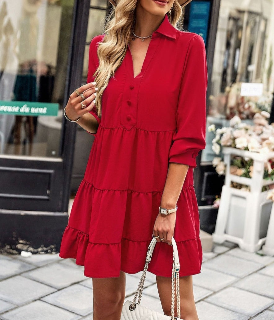 Collared V Neck Tiered Dress