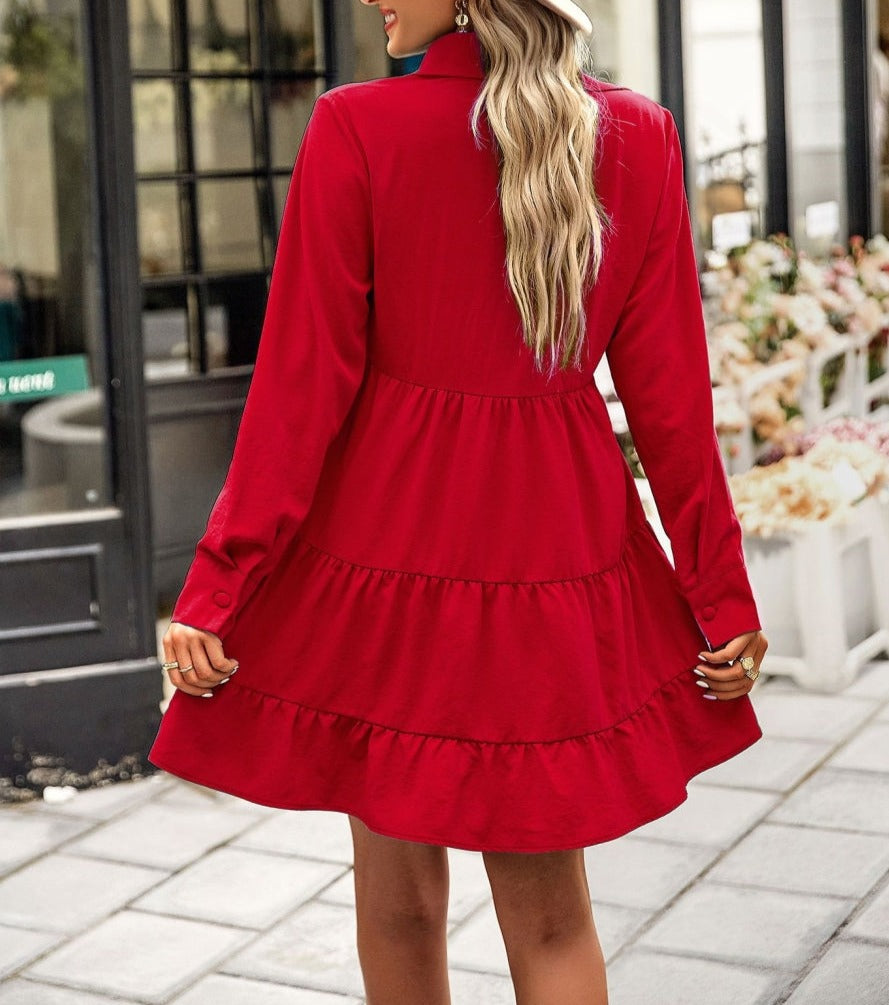 Collared V Neck Tiered Dress