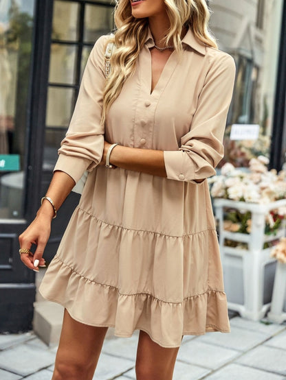Collared V Neck Tiered Dress