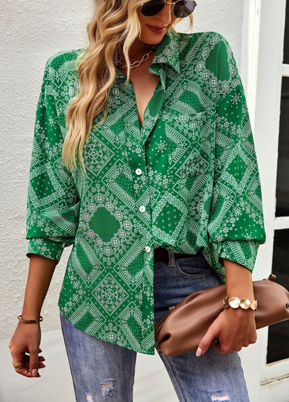Geometric Bandana Print Button Blouse