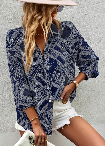 Geometric Bandana Print Button Blouse