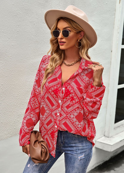 Geometric Bandana Print Button Blouse