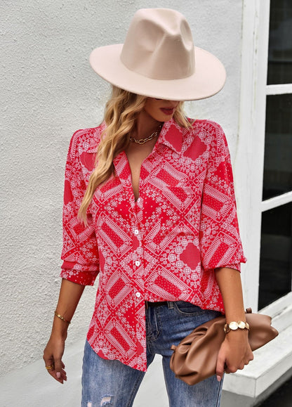 Geometric Bandana Print Button Blouse