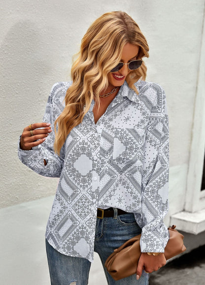 Geometric Bandana Print Button Blouse