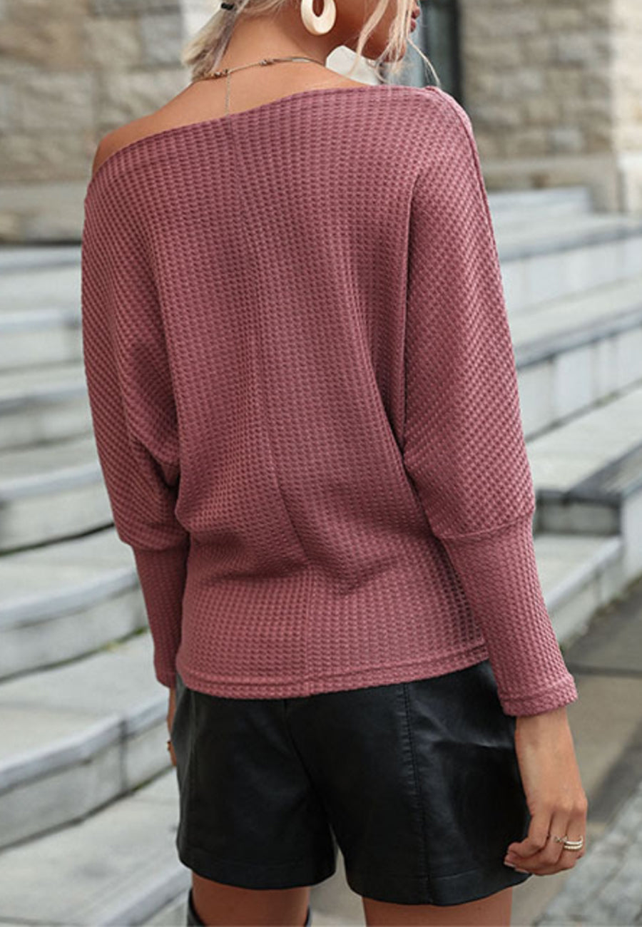 One Shoulder Waffle Knit Classic Sweater