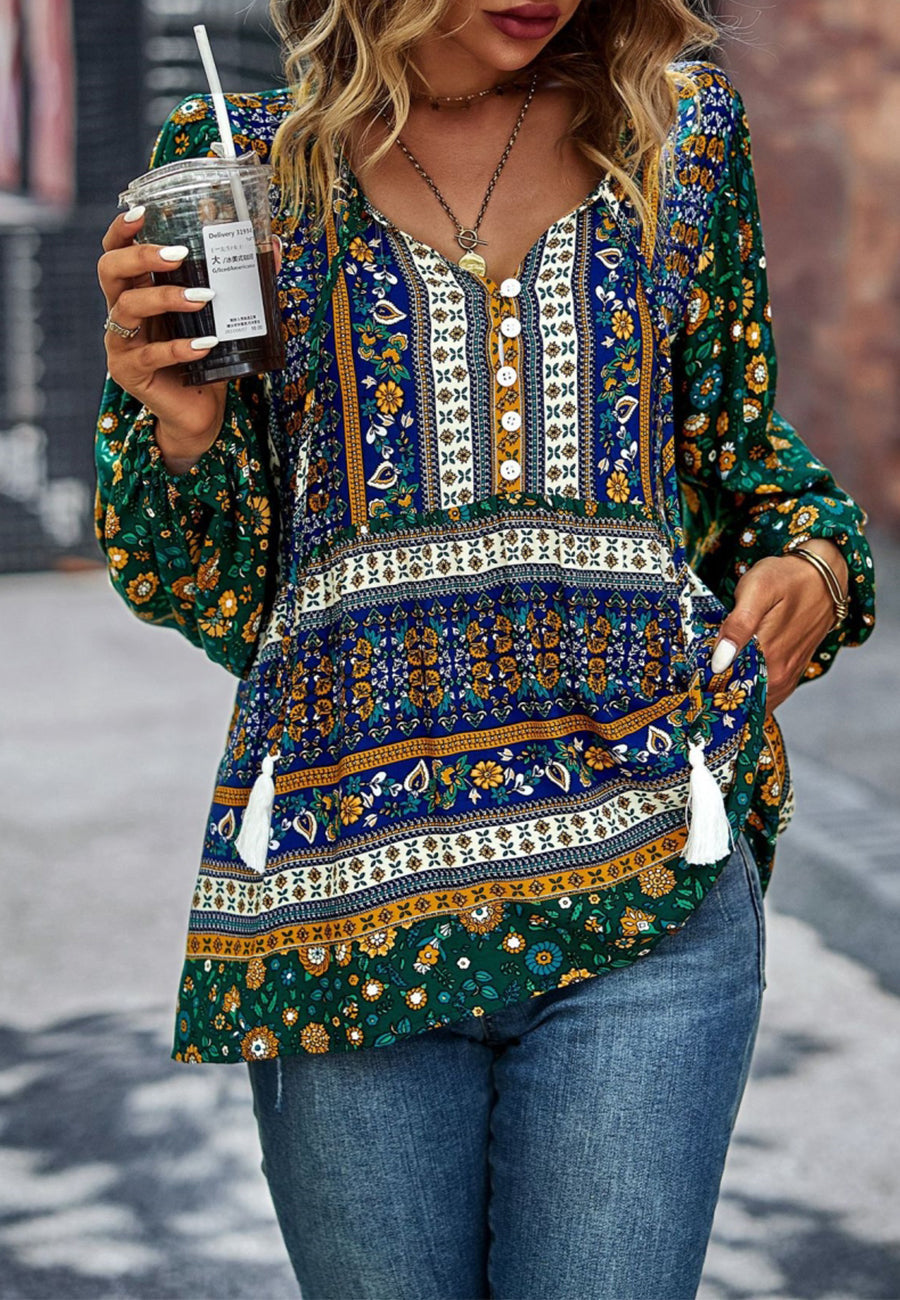 Multicolor Tassel Tie V Neck Long Sleeve Boho Blouse for Women