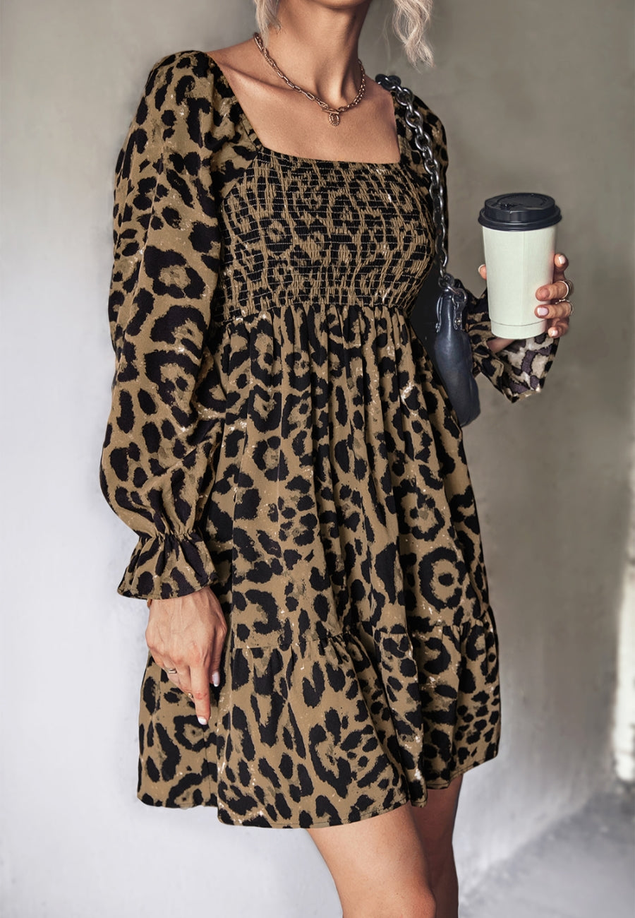 Square Neck Leopard Print Long Sleeve Dress Above Knee Length  Anna-Kaci