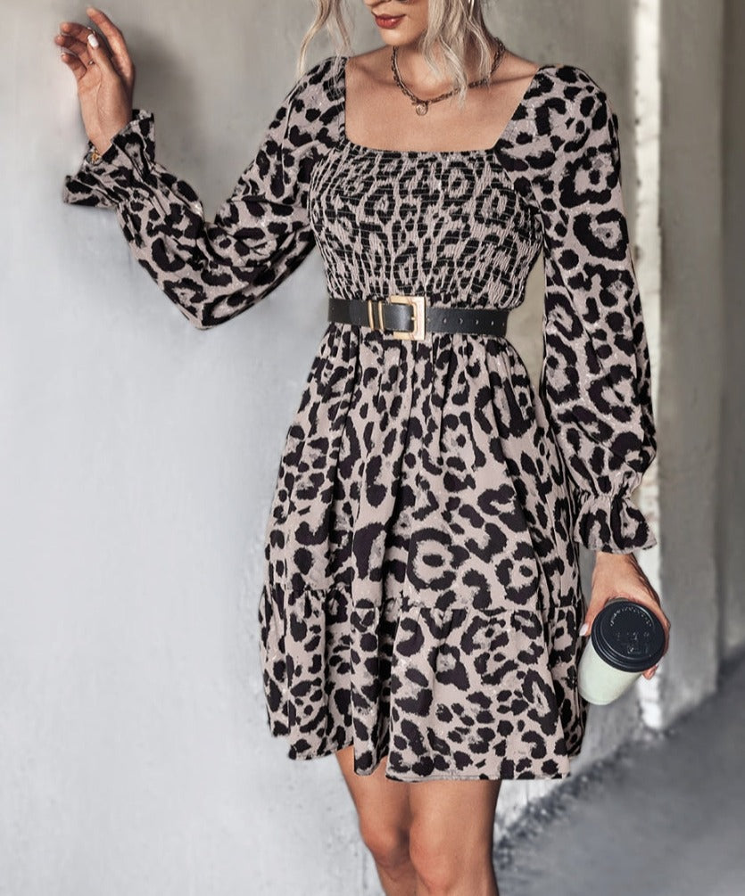 Square Neck Leopard Print Long Sleeve Dress Above Knee Length  Anna-Kaci