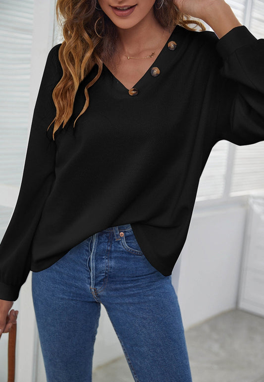 Solid Contrast Button Detail Sweater