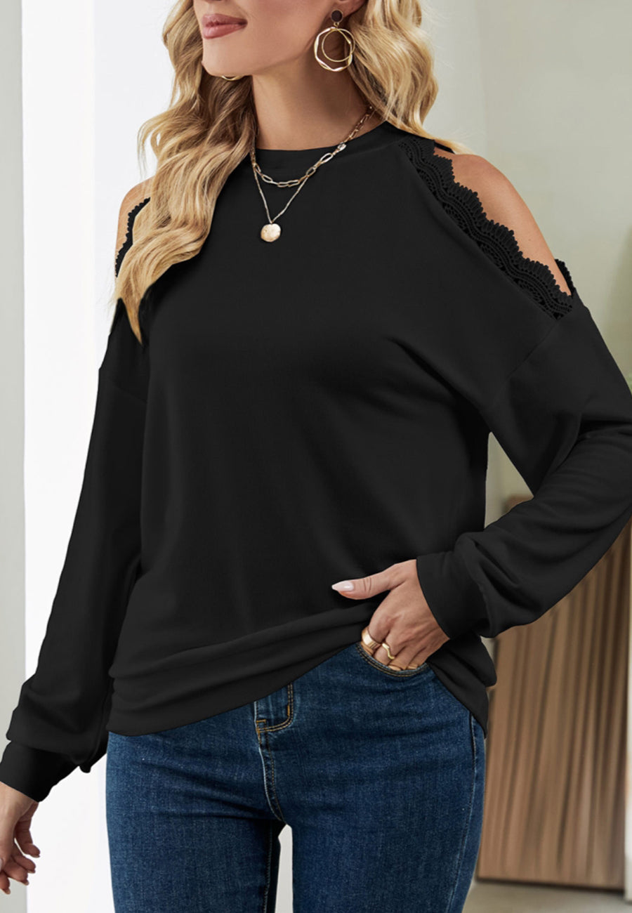 Lace Trim Shoulder Cutout Sweater