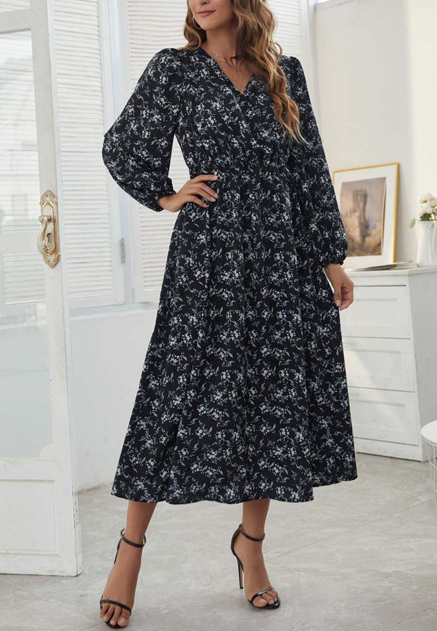 Surplice Neck Floral Midi Dress