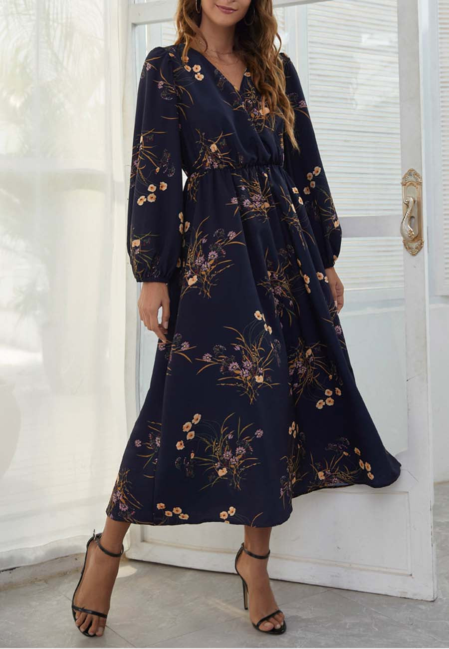 Surplice Neck Floral Midi Dress
