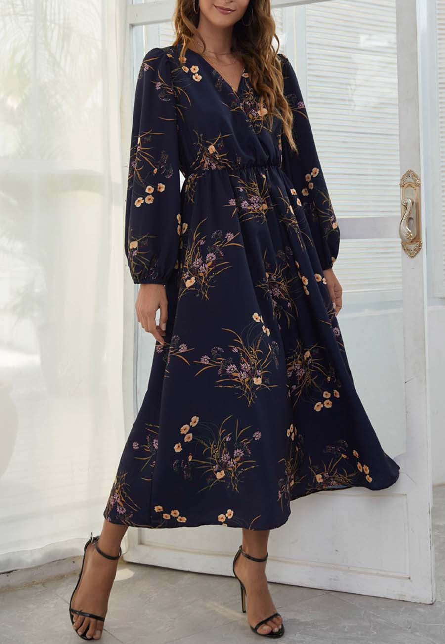 Surplice Neck Floral Midi Dress