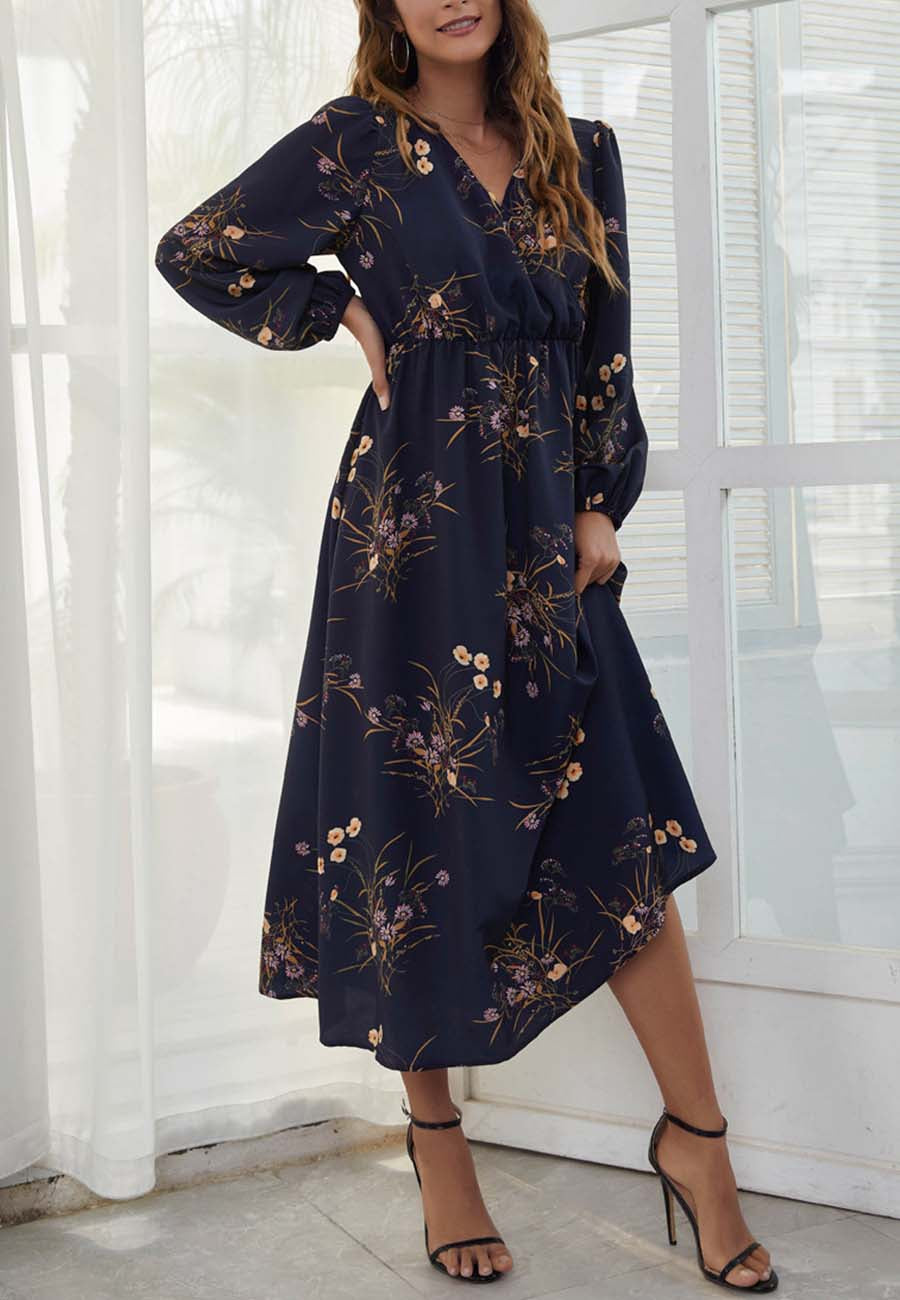 Vestido midi floral con escote cruzado