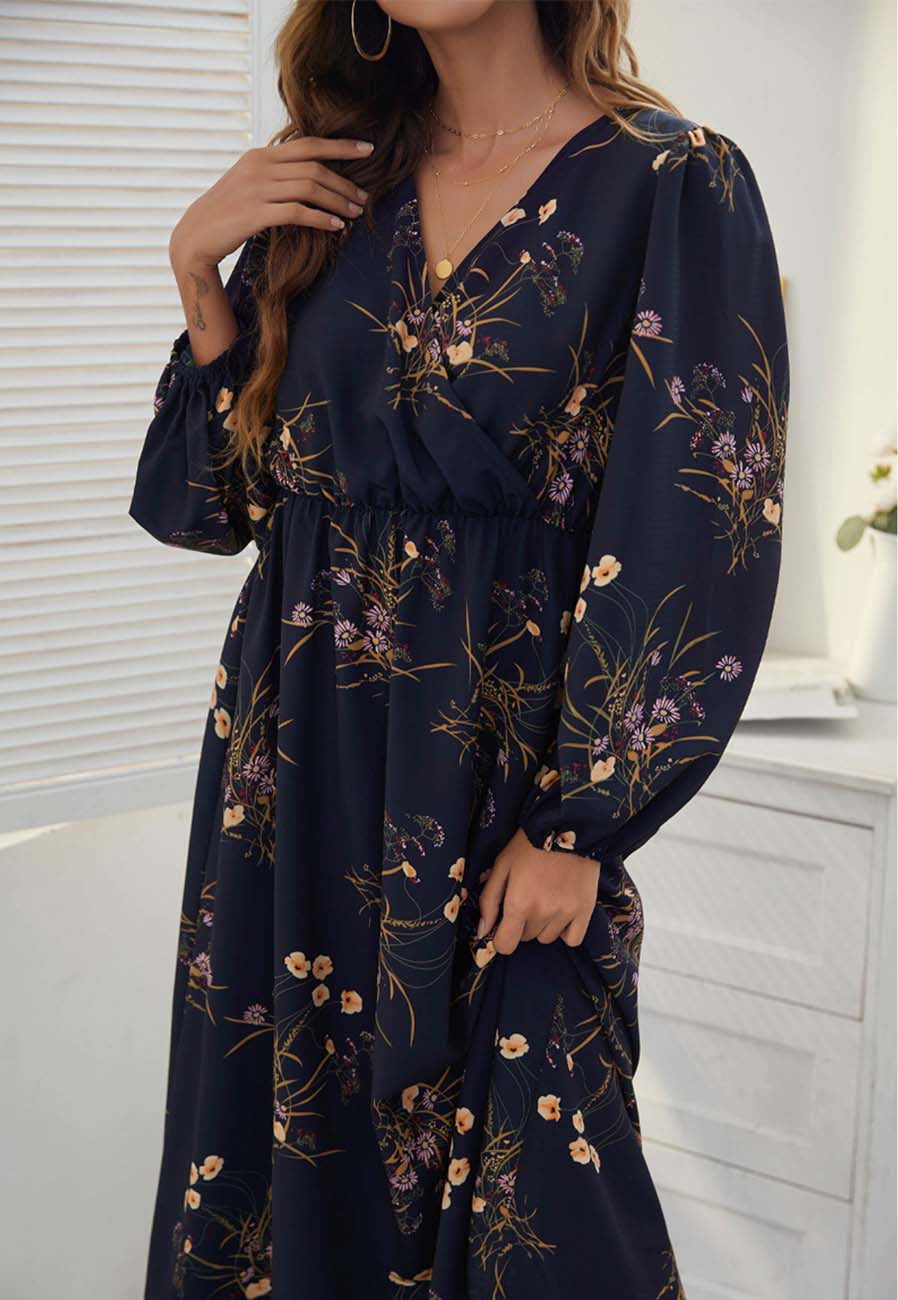 Surplice Neck Floral Midi Dress
