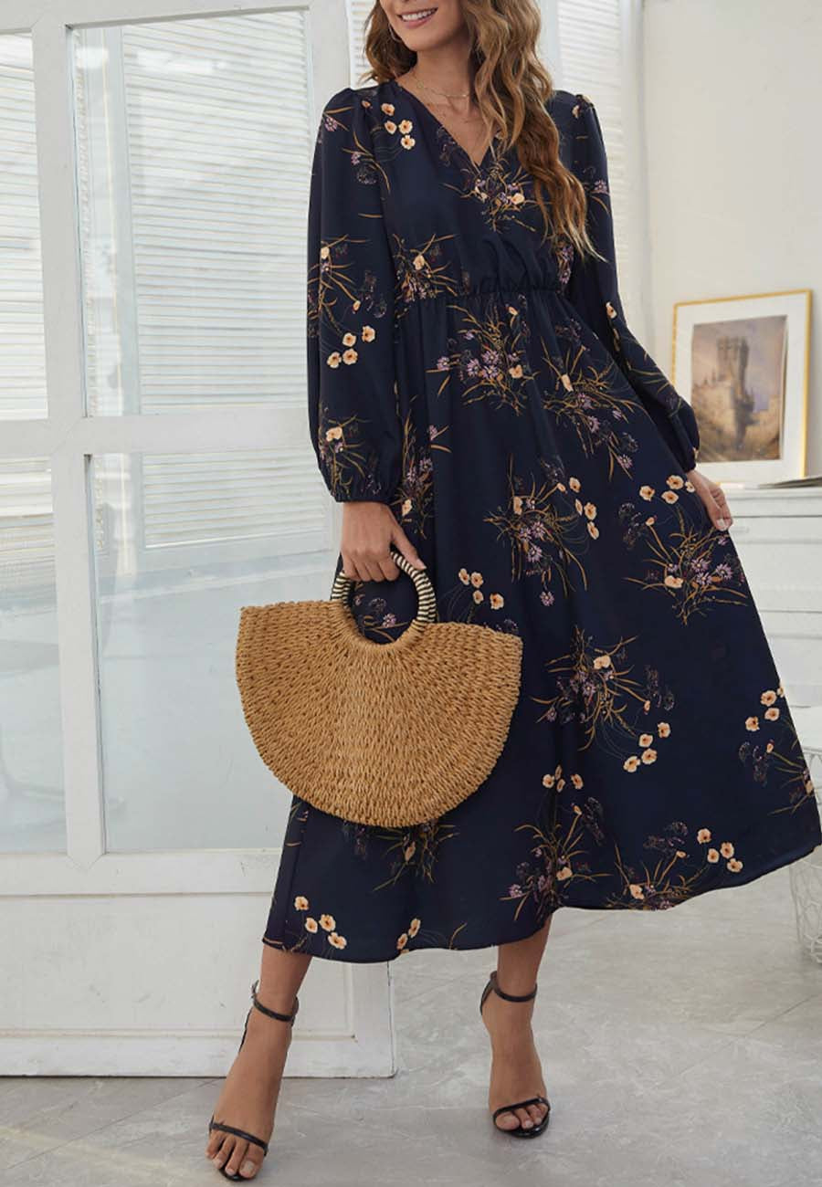 Surplice Neck Floral Midi Dress