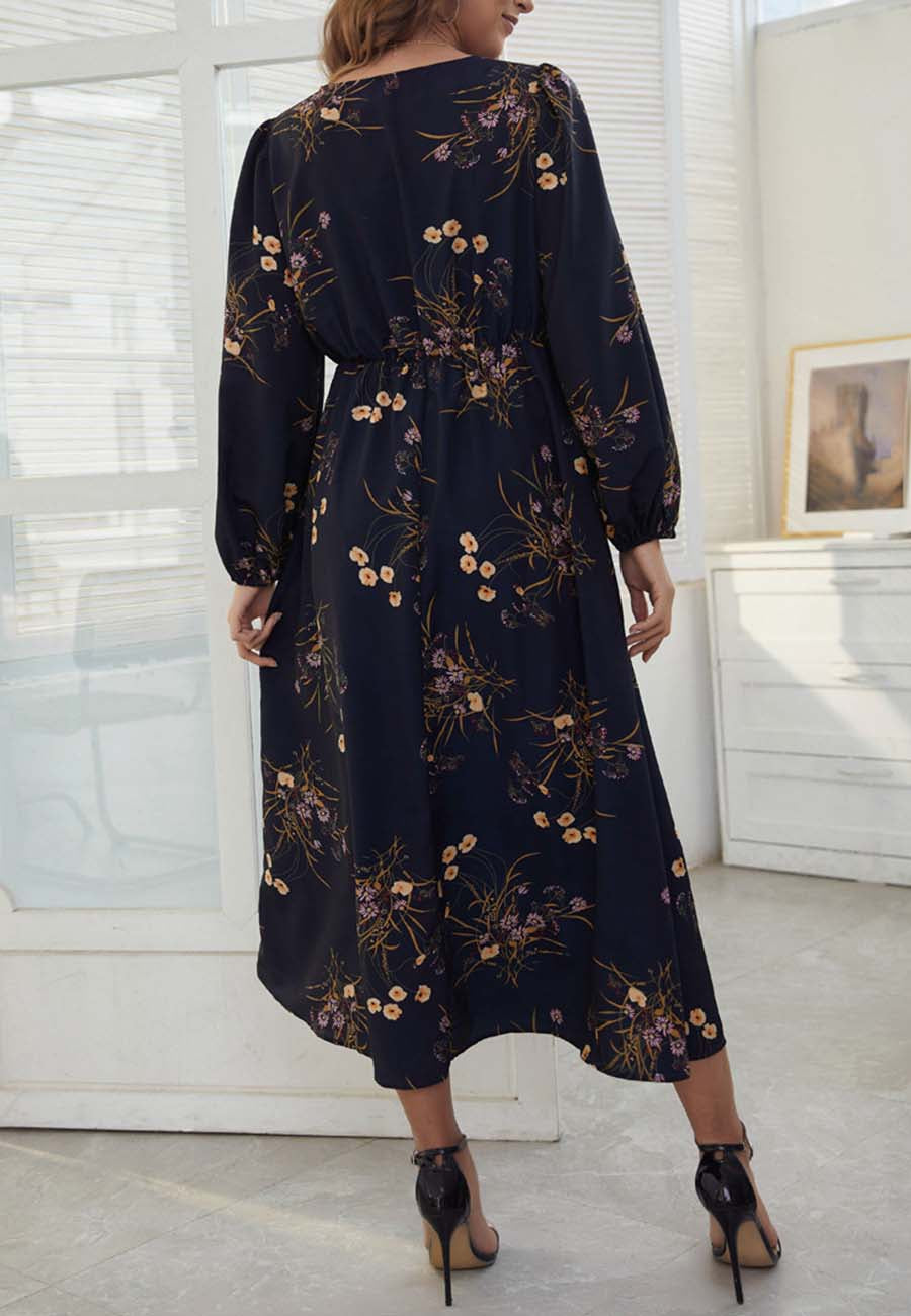 Surplice Neck Floral Midi Dress